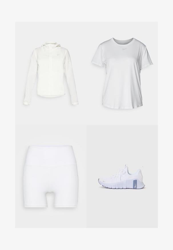 Witte Nike-jack met een capuchon, volledige rits, elastische manchetten en een subtiele logo op de borst. Gladde textuur en lichtgewicht ontwerp.; Witte T-shirt met korte mouwen van gladde stof, met een ronde halslijn en een klein grijs Nike-logo op de borst.; Witte hoge taille shorts van rekbare stof. Kenmerken een gladde textuur en een aansluitend ontwerp, zonder extra patronen of hardware.; Witte Nike sneakers met een structuur bovenwerk, paarse accenten op de zool en het logo, en een flexibele, geribbelde buitenzool voor grip.