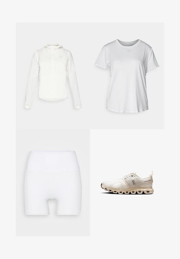 Veste blanche Nike avec capuche, fermeture éclair intégrale, poignets élastiques et un logo discret sur la poitrine. Texture lisse et design léger.; T-shirt blanc à manches courtes en tissu lisse, avec un col rond et un petit logo Nike gris sur la poitrine.; Shorts blancs taille haute en tissu extensible. Fabriqués avec une texture lisse et un design ajusté, sans motifs ni accessoires supplémentaires.; Chaussure de sport beige clair avec tige en maille, design minimaliste, bout rond et semelle rembourrée avec des découpes segmentées pour plus de flexibilité.