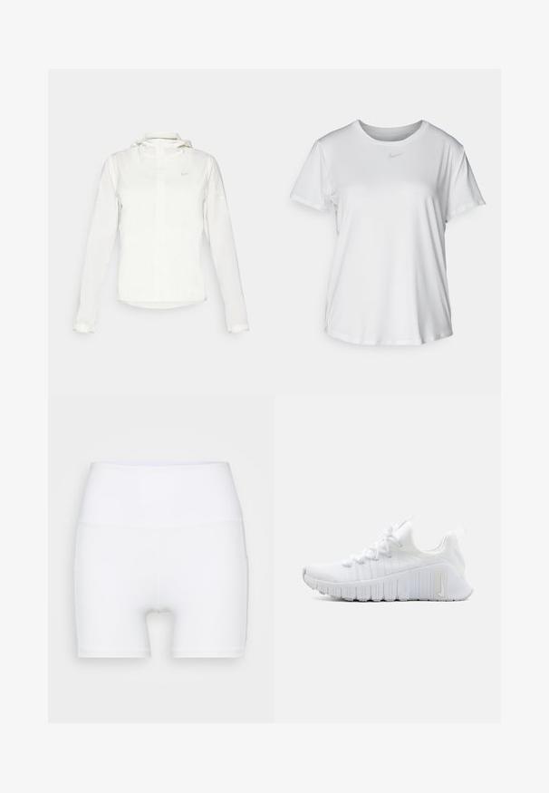 Witte Nike-jack met een capuchon, volledige rits, elastische manchetten en een subtiele logo op de borst. Gladde textuur en lichtgewicht ontwerp.; Witte T-shirt met korte mouwen van gladde stof, met een ronde halslijn en een klein grijs Nike-logo op de borst.; Witte hoge taille shorts van rekbare stof. Kenmerken een gladde textuur en een aansluitend ontwerp, zonder extra patronen of hardware.; Witte sportschoen met een gestructureerde bovenkant, platte vetersluiting en een opvallende rubberen zool met verticale groeven. Bevat een logo aan de zijkant.