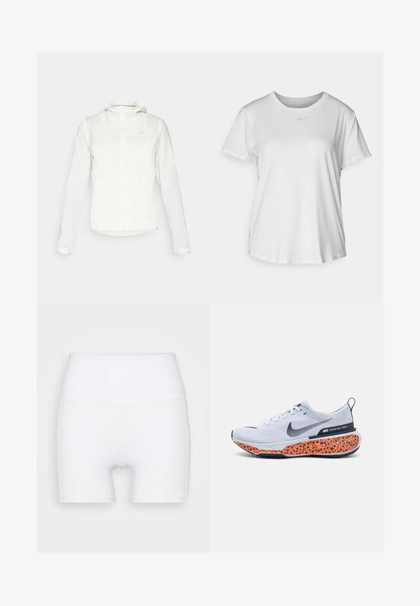 Veste blanche Nike avec capuche, fermeture éclair intégrale, poignets élastiques et un logo discret sur la poitrine. Texture lisse et design léger.; T-shirt blanc à manches courtes en tissu lisse, avec un col rond et un petit logo Nike gris sur la poitrine.; Shorts blancs taille haute en tissu extensible. Fabriqués avec une texture lisse et un design ajusté, sans motifs ni accessoires supplémentaires.; Nike Performance ZOOMX INVINCIBLE RN FK 3 OLY - Chaussures de running sur route - multi-coloured