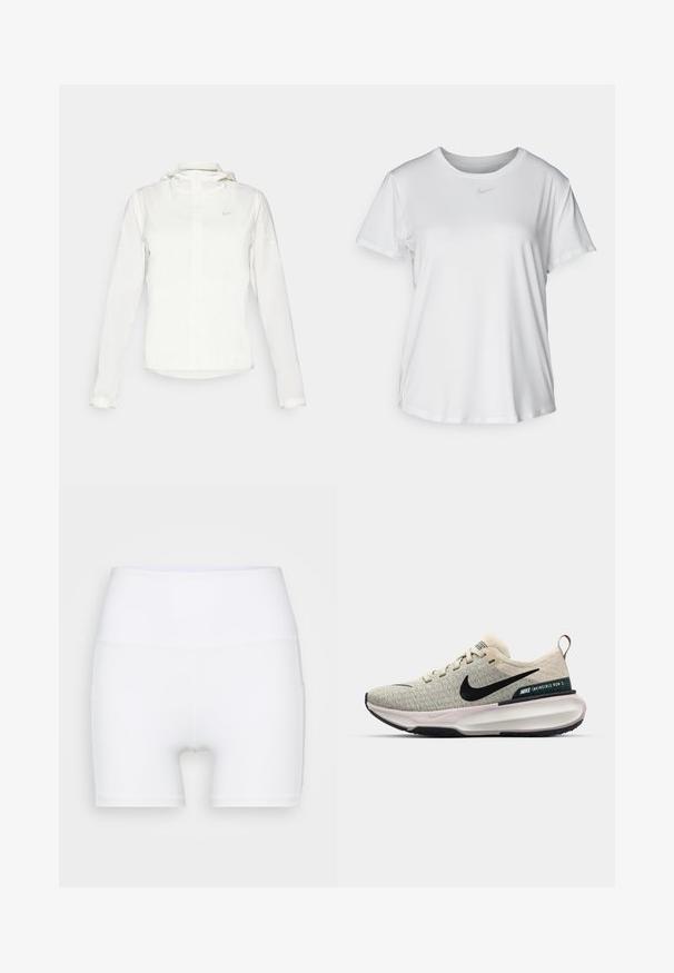 Biela Nike bunda s kapucňou, plným zipsom, elastickými manžetami a jemným logom na hrudi. Hladká textúra a ľahký dizajn.; Biela krátkosrstá tričko s hladkým materiálom, so zaobleným výstrihom a malým šedým logom Nike na hrudi.; Biele vysoké šortky vyrobené z elastického materiálu. Majú hladkú textúru a prispôsobený strih, bez ďalších vzorov alebo kovania.; Svetlosivé pletené športové topánky s čiernym logom Swoosh, krémovými akcentmi, polstrovaným golierom a hrubou bielou medzipodrážkou pre pohodlie.