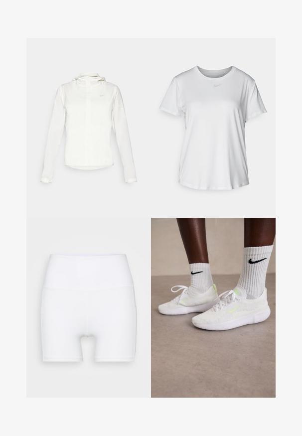 Biała kurtka Nike z kapturem, na zamek błyskawiczny, elastyczne mankiety i subtelne logo na piersi. Gładka tekstura i lekka konstrukcja.; Biała koszulka z krótkim rękawem, uszyta z gładkiego materiału, z okrągłym dekoltem i małym szarym logo Nike na piersi.; Białe szorty z wysokim stanem wykonane z elastycznej tkaniny. Charakteryzują się gładką teksturą i dopasowanym krojem, bez dodatkowych wzorów czy elementów metalowych.; Białe sneakersy Nike z teksturowaną siateczką i neonowymi zielonymi akcentami, w połączeniu z białymi skarpetkami prążkowanymi z czarnym logo.