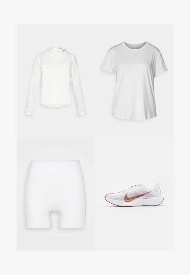 Giacca Nike bianca con cappuccio, zip completa, polsini elasticizzati e un logo discreto sul petto. Texture liscia e design leggero.; T-shirt bianco a maniche corte realizzato in tessuto liscio, con scollatura tonda e un piccolo logo grigio Nike sul petto.; Pantaloni corti bianchi a vita alta realizzati in tessuto elasticizzato. Presentano una texture liscia e un design aderente, senza ulteriori motivi o accessori.; Nike Performance PEGASUS PLUS - Scarpe da corsa su strada - white/metallic red bronze/platinum violet/plum dust/hot fuchsia