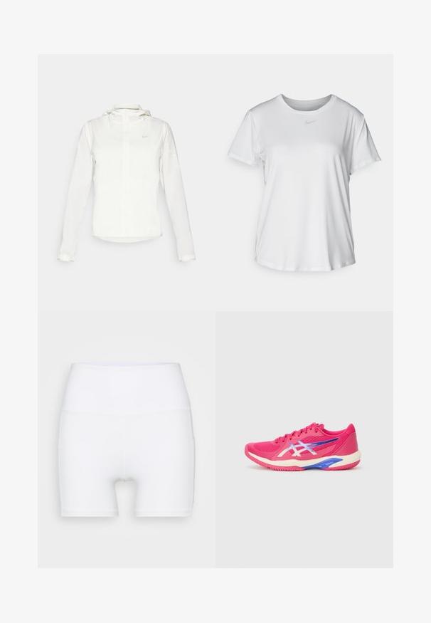 Weiße Nike-Jacke mit Kapuze, durchgehendem Reißverschluss, elastischen Bündchen und einem dezenten Logo auf der Brust. Glatte Textur und leichtes Design.; Weißes T-Shirt mit kurzen Ärmeln aus glattem Stoff, Rundhalsausschnitt und einem kleinen grauen Nike-Logo auf der Brust.; Weiße, hochtaillierte Shorts aus dehnbarem Stoff. Sie verfügen über eine glatte Textur und eine figurbetonte Passform, ohne zusätzliche Muster oder Hardware.; Sportliche Schuhe in leuchtendem Pink mit helleren Akzenten. Obermaterial aus Mesh, strukturierte Oberfläche, gepolsterter Kragen und eine bunte Sohle mit blauen Details.