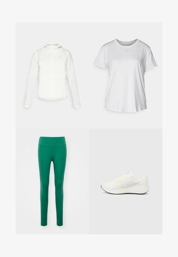 Giacca Nike bianca con cappuccio, zip completa, polsini elasticizzati e un logo discreto sul petto. Texture liscia e design leggero.; T-shirt bianco a maniche corte realizzato in tessuto liscio, con scollatura tonda e un piccolo logo grigio Nike sul petto.; Leggings verdi, aderenti, con una vita ampia e a coste. Realizzate in materiale liscio, senza modelli o accenti visibili. Copertura completa fino alla caviglia.; Nike Performance DOWNSHIFTER 13 - Scarpe da corsa su strada - sail/silver-coloured photon dust/summit white/barely volt/black