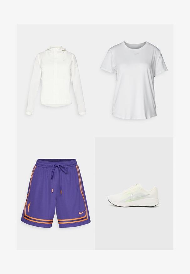 Valkoinen Nike-takki hupulla, täyspitkällä vetoketjulla, joustavilla hihansuilla ja hillityllä logolla rinnassa. Sujuva pinta ja kevyt muotoilu.; Valkoinen lyhythihainen T-paita, joka on valmistettu sileästä kankaasta. Paidoissa on pyöreä kaula-aukko ja rintaan on painettu pieni harmaa Nike-logo.; Violet urheilushortsit oransseilla yksityiskohdilla, joissa on nyörikiinnitysvyötärö, sivuraitoja ja siluetti logo. Valmistettu hengittävästä materiaalista.; Nike Performance DOWNSHIFTER 13 - Katujuoksukengät - sail/silver-coloured photon dust/summit white/barely volt/black