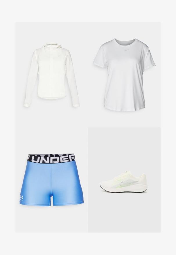 White Nike jacket with a hood, full zip, elastic cuffs, and a subtle logo on the chest. Smooth texture and lightweight design.; White short-sleeve T-shirt made of smooth fabric, featuring a round neckline and a small grey Nike logo on the chest.; Under Armour HEATGEAR SHORTY - Leggings - horizon blue/white; Nike Performance DOWNSHIFTER 13 - Road running shoes - sail/silver-coloured photon dust/summit white/barely volt/black