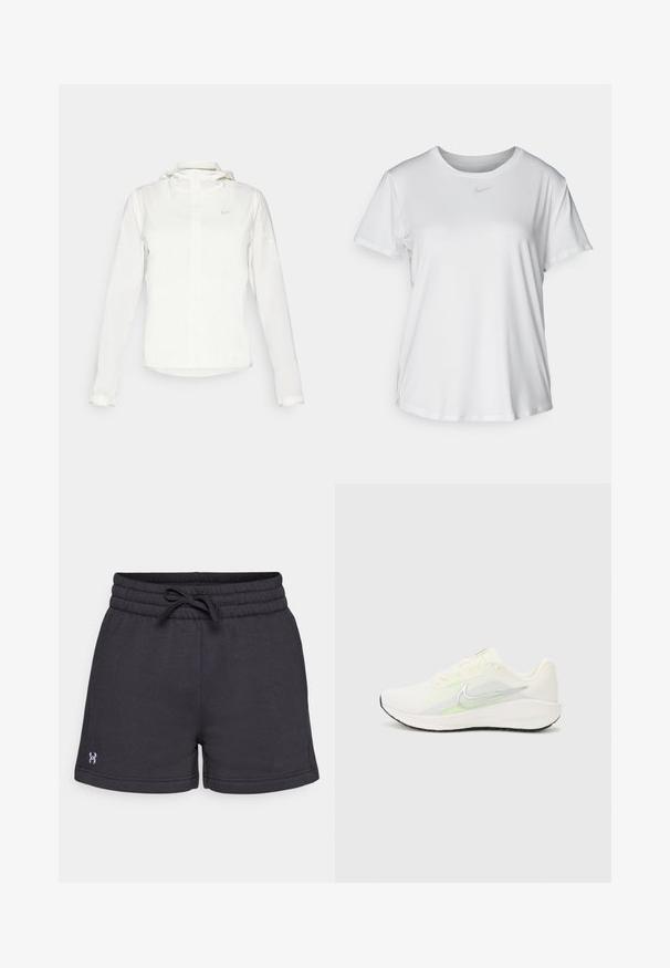 Fehér Nike dzseki kapucnival, teljes cipzárral, rugalmas mandzsettákkal és egy diszkrét logóval a mellkason. Sima textúrájú és könnyű kialakítású.; Fehér, rövid ujjú póló sima anyagból, kerek nyakkivágással és egy kis szürke Nike logóval a mellkason.; Fekete pamut sort, elasztikus derékpánttal és húzózsinórral. Oldalzsebekkel és egy kis logóval a bal lábszáron.; Nike Performance DOWNSHIFTER 13 - Utcai futócipők - sail/silver-coloured photon dust/summit white/barely volt/black