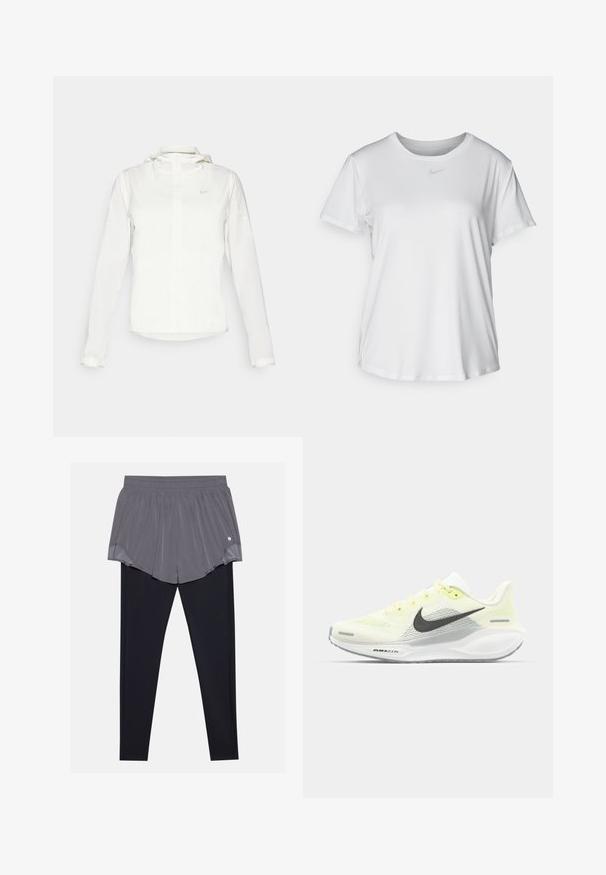 Witte Nike-jack met een capuchon, volledige rits, elastische manchetten en een subtiele logo op de borst. Gladde textuur en lichtgewicht ontwerp.; Witte T-shirt met korte mouwen van gladde stof, met een ronde halslijn en een klein grijs Nike-logo op de borst.; Sport shorts met een geplooide grijze bovenlaag en aansluitende zwarte leggings eronder. Elastische tailleband, lichte stof en gladde textuur.; Nike hardloopschoenen met een lichtgele en witte mesh bovenkant, grijze accenten en een flexibele rubberen zool. Voorzien van een vetersluiting.