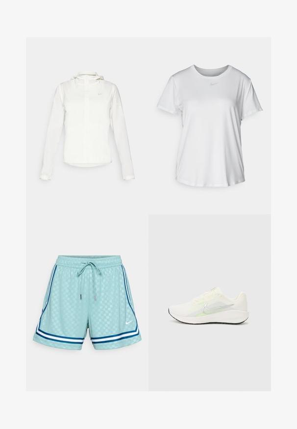 Valge Nike jakker, millel on kapuuts, täispikk tõmblukk, elastsed mansetid ja diskreetne logo rinnal. Sile tekstuur ja kerge disain.; Valge lühikeste varrukatega T-särk, mis on valmistatud siledast kangast, ümarate kaelustega ning mille rinnal on väike hall Nike logo.; Heledad sinine lühiämber, millel on tekstuuriga ruuduline muster, elastne vöökoht, reguleeritav tõmblukk ning sinised ja valged küljeribad. Esipooled on Nike logo.; Nike Performance DOWNSHIFTER 13 - Maanteejooksu jalatsid - sail/silver-coloured photon dust/summit white/barely volt/black