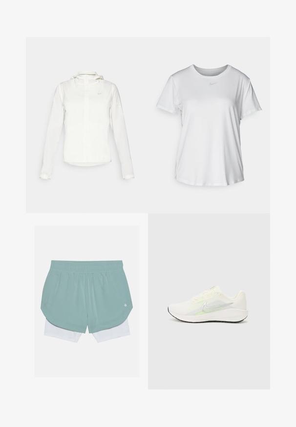 Valkoinen Nike-takki hupulla, täyspitkällä vetoketjulla, joustavilla hihansuilla ja hillityllä logolla rinnassa. Sujuva pinta ja kevyt muotoilu.; Valkoinen lyhythihainen T-paita, joka on valmistettu sileästä kankaasta. Paidoissa on pyöreä kaula-aukko ja rintaan on painettu pieni harmaa Nike-logo.; Vihreät urheiluhousut, joissa on joustava vyötärö, kerrostettu muotoilu ja valkoinen sisävuori. Mukana sivutaskut varastointia varten.; Nike Performance DOWNSHIFTER 13 - Katujuoksukengät - sail/silver-coloured photon dust/summit white/barely volt/black