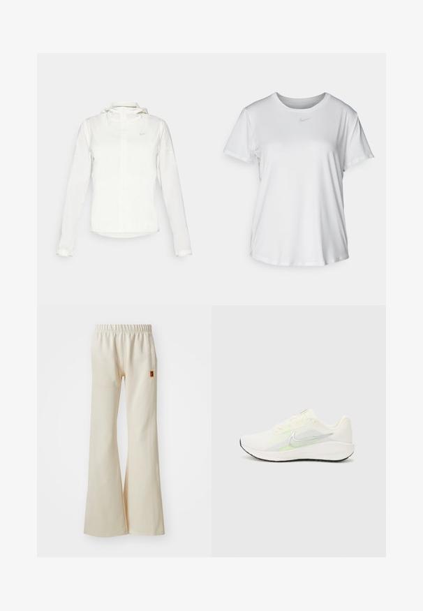 Balta Nike jaka ar kapuci, pilna rāvējslēdzēja, elastīgām piedurknēm un diskrētu logotipu uz krūšu daļas. Gluda tekstūra un viegla konstrukcija.; Balta īsām piedurknēm T-kreklā, kas izgatavota no gludas auduma, ar apaļo kakla izgriezumu un mazu pelēku Nike logo uz krūšu.; Bežīgas, platas bikses, kas izgatavotas no mīksta auduma ar elastīgu jostu un sānu kabatu. Iespējo mazu logotipa uzšuvumu gurnā.; Nike Performance DOWNSHIFTER 13 - Apavi skriešanai pa asfaltu - sail/silver-coloured photon dust/summit white/barely volt/black