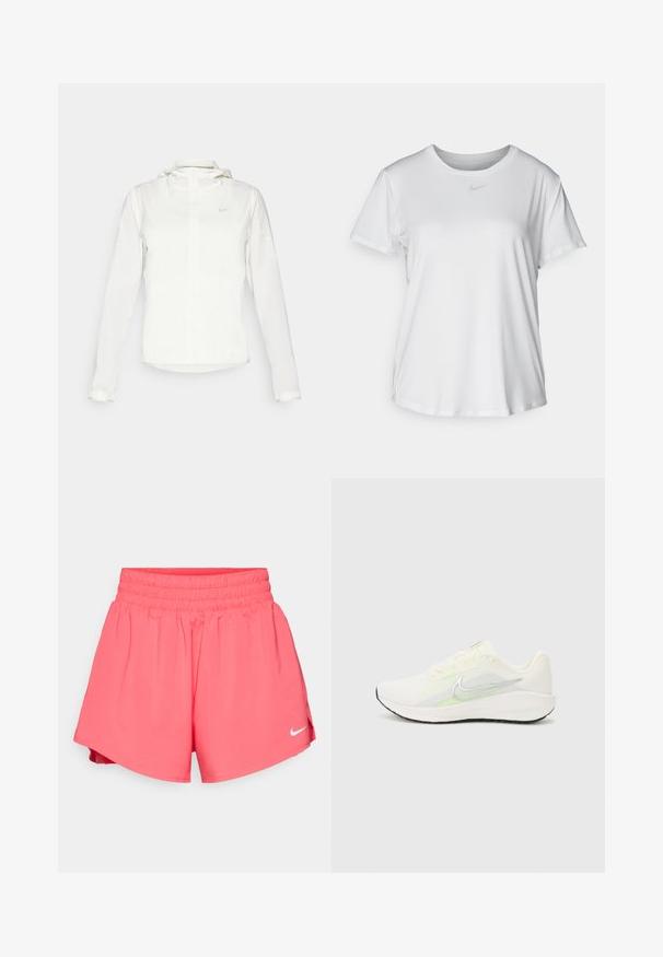 Vit Nike-jacka med huva, hel dragkedja, elastiska ärmslutar och en diskret logotyp på bröstet. Slät textur och lätt design.; Vit T-shirt med kort ärm tillverkad av slätt material, med rund halsringning och en liten grå Nike-logotyp på bröstet.; Nike Performance ONE - Dubbla shorts - aster pink/silver; Nike Performance DOWNSHIFTER 13 - Väglöparskor - sail/silver-coloured photon dust/summit white/barely volt/black
