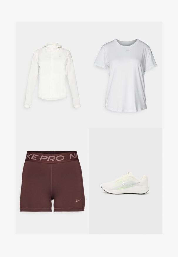 Hvit Nike-jakke med hette, hel glidelås, elastiske mansjetter og en diskret logo på brystet. Glatt tekstur og lett design.; Hvit kortermet T-skjorte laget av glatt stoff, med rund halsringning og en liten grå Nike-logo på brystet.; Bordeaux idrettsshorts med bred, mørk midje som har teksten "NIKE PRO". Glatt tekstur med en liten rosa Nike-logo på siden.; Nike Performance DOWNSHIFTER 13 - Løpesko for vei - sail/silver-coloured photon dust/summit white/barely volt/black