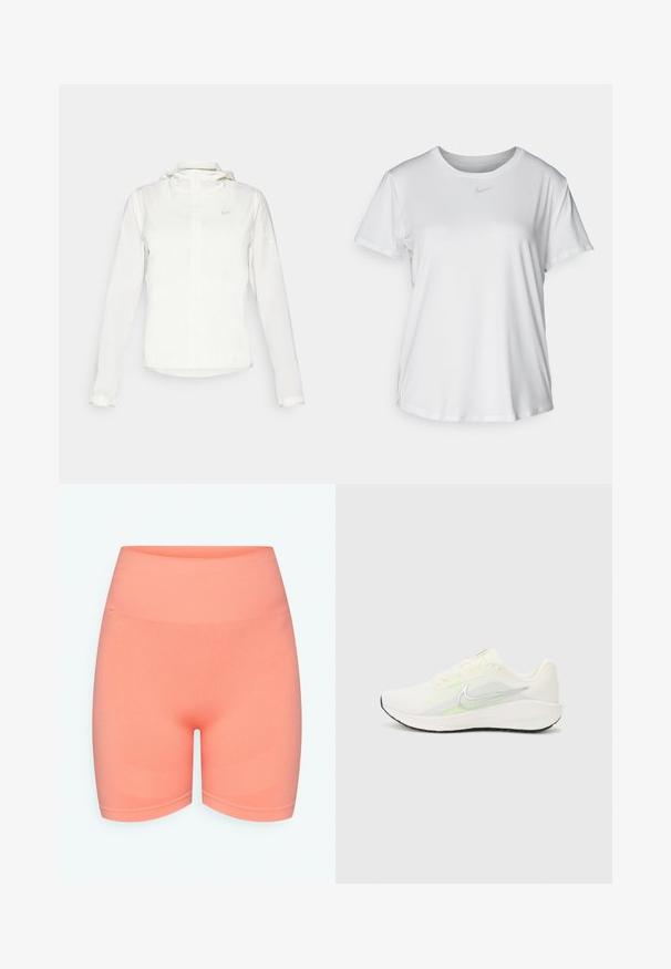 Bela Nike jakna s kapuco, polno zadrgo, elastičnimi manšetami in diskretnim logotipom na prsih. Gladka tekstura in lahko oblikovanje.; Bela kratka majica s kratkimi rokavi, izdelana iz gladkega blaga, z okroglim izrezom in majhnim sivim logotipom Nike na prsih.; Breskve obarvani, visoki športni šorti iz raztegljive tkanine, ki imajo gladko teksturo in subtilne rebraste detajle blizu roba.; Nike Performance DOWNSHIFTER 13 - Tekaški copati za cesto - sail/silver-coloured photon dust/summit white/barely volt/black
