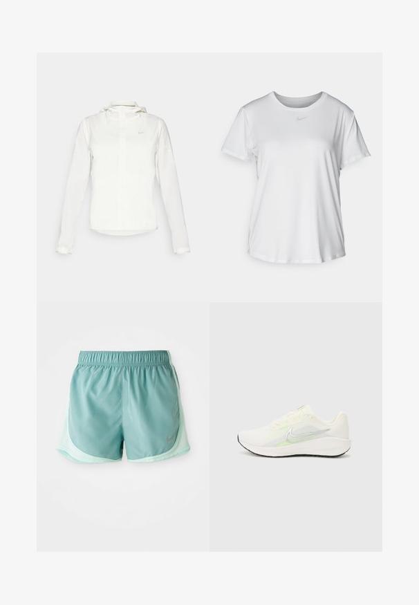 Weiße Nike-Jacke mit Kapuze, durchgehendem Reißverschluss, elastischen Bündchen und einem dezenten Logo auf der Brust. Glatte Textur und leichtes Design.; Weißes T-Shirt mit kurzen Ärmeln aus glattem Stoff, Rundhalsausschnitt und einem kleinen grauen Nike-Logo auf der Brust.; Helle türkisfarbene Sportshorts aus atmungsaktivem Material, mit einem elastischen Bund und seitlichen Netzpaneelen für Belüftung. Silbernes Nike-Logo als Akzent.; Nike Performance DOWNSHIFTER 13 - Laufschuh Straße - sail/silver-coloured photon dust/summit white/barely volt/black