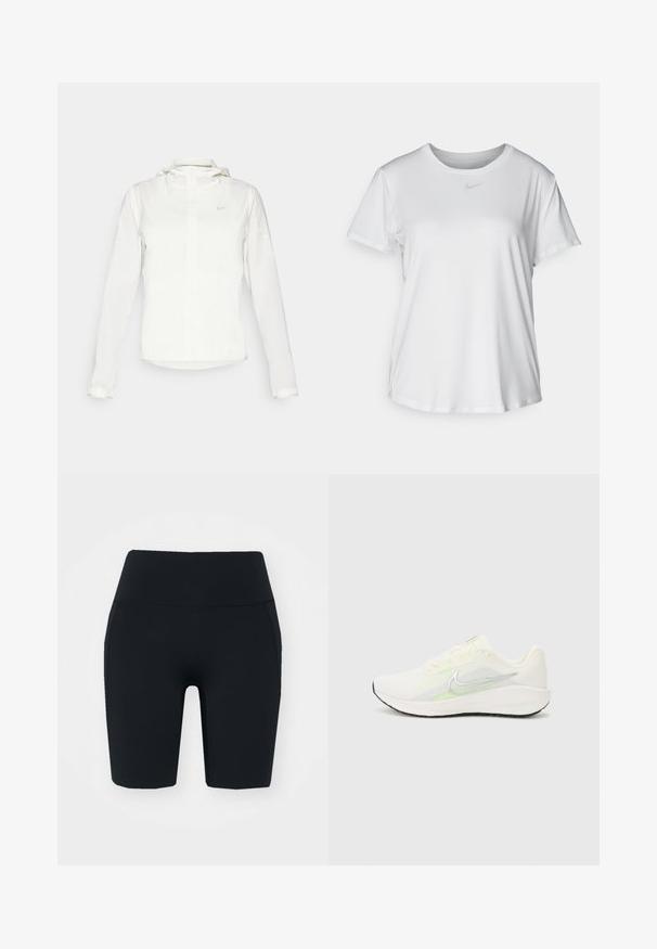 White Nike jacket with a hood, full zip, elastic cuffs, and a subtle logo on the chest. Smooth texture and lightweight design.; White short-sleeve T-shirt made of smooth fabric, featuring a round neckline and a small grey Nike logo on the chest.; Black high-waisted bike shorts made of stretchy fabric with a smooth texture, featuring side pockets and a fitted design.; Nike Performance DOWNSHIFTER 13 - Road running shoes - sail/silver-coloured photon dust/summit white/barely volt/black