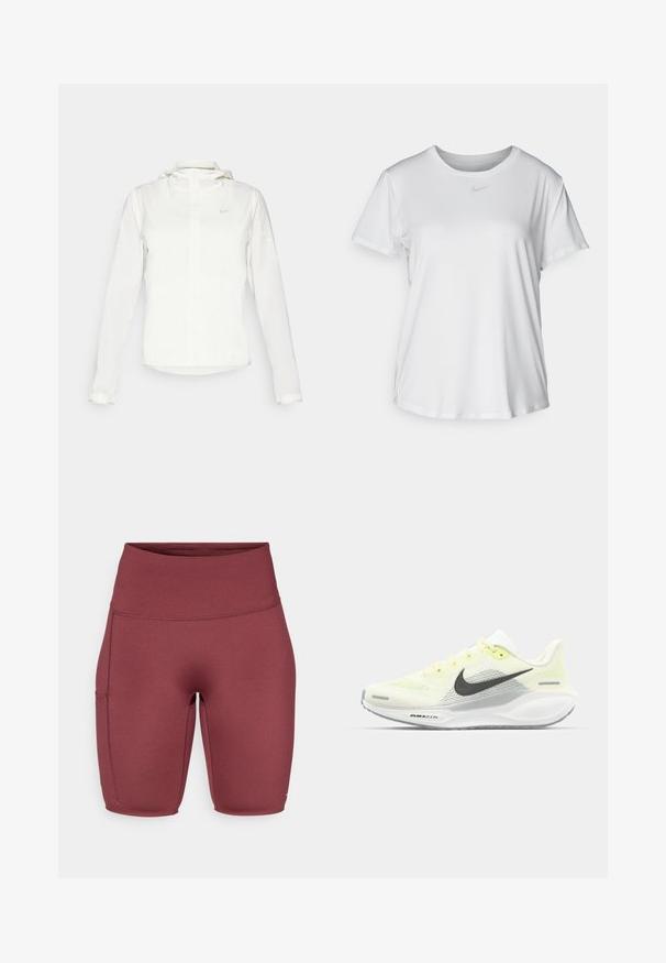 Biała kurtka Nike z kapturem, na zamek błyskawiczny, elastyczne mankiety i subtelne logo na piersi. Gładka tekstura i lekka konstrukcja.; Biała koszulka z krótkim rękawem, uszyta z gładkiego materiału, z okrągłym dekoltem i małym szarym logo Nike na piersi.; Burgundowe szorty z wysokim stanem, wykonane z gładkiego, elastycznego materiału. Posiadają boczną kieszeń i dopasowany krój, idealne do aktywności fizycznej.; Biegi Nike z lekką żółtą i białą siateczką cholewy, szarymi akcentami i elastyczną gumową podeszwą. Posiada klasyczne sznurowanie.