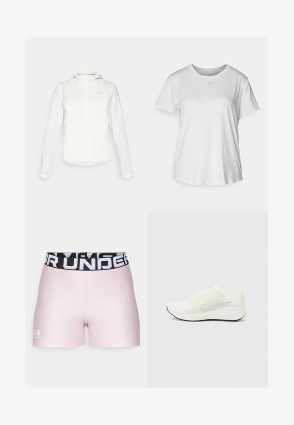 Balta Nike jaka ar kapuci, pilna rāvējslēdzēja, elastīgām piedurknēm un diskrētu logotipu uz krūšu daļas. Gluda tekstūra un viegla konstrukcija.; Balta īsām piedurknēm T-kreklā, kas izgatavota no gludas auduma, ar apaļo kakla izgriezumu un mazu pelēku Nike logo uz krūšu.; Rozā sporta šorti, izgatavoti no gludas auduma, ar melnu elastīgu jostu, uz kuras ir balts teksts "UNDER ARMOUR". Logo atrodas apakšējā kreisajā stūrī.; Nike Performance DOWNSHIFTER 13 - Apavi skriešanai pa asfaltu - sail/silver-coloured photon dust/summit white/barely volt/black