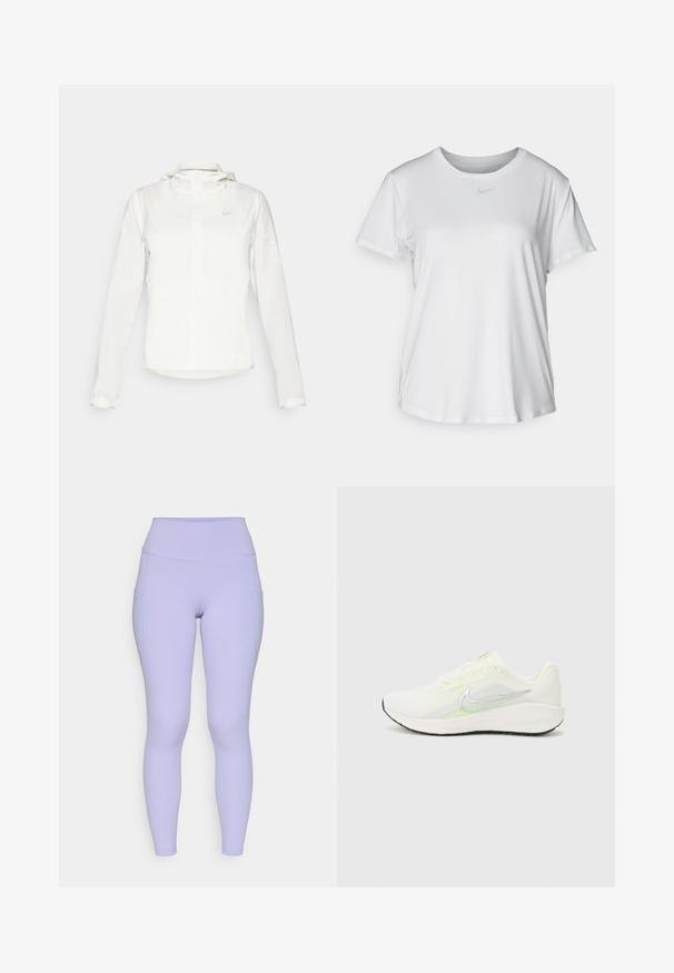 Witte Nike-jack met een capuchon, volledige rits, elastische manchetten en een subtiele logo op de borst. Gladde textuur en lichtgewicht ontwerp.; Witte T-shirt met korte mouwen van gladde stof, met een ronde halslijn en een klein grijs Nike-logo op de borst.; Lichtpaarse leggings met een hoge taille, gemaakt van rekbaar materiaal. Beschikt over twee zijzakken en gladde naden voor comfort.; Nike Performance DOWNSHIFTER 13 - Hardloopschoenen voor op de weg - sail/silver-coloured photon dust/summit white/barely volt/black