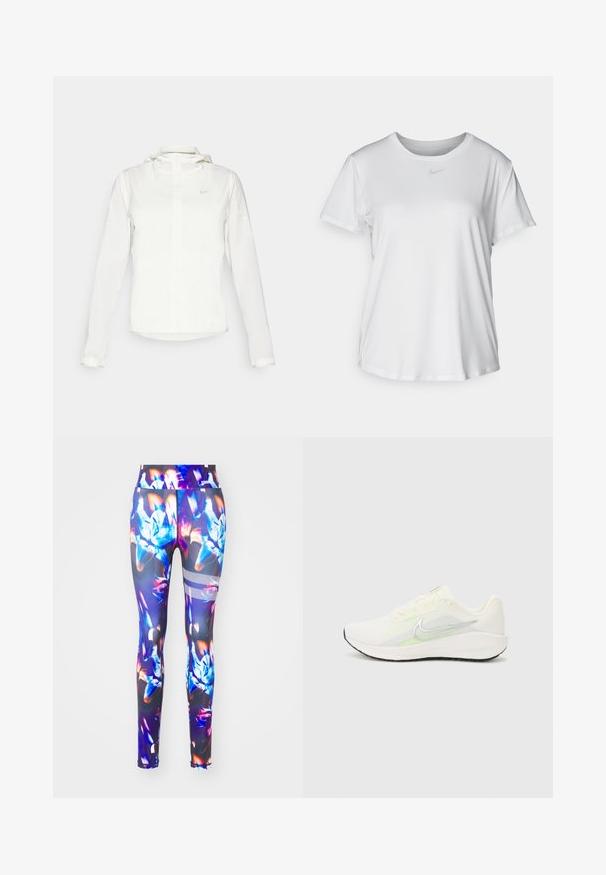 Fehér Nike dzseki kapucnival, teljes cipzárral, rugalmas mandzsettákkal és egy diszkrét logóval a mellkason. Sima textúrájú és könnyű kialakítású.; Fehér, rövid ujjú póló sima anyagból, kerek nyakkivágással és egy kis szürke Nike logóval a mellkason.; Virágmintás leggings élénk kék, lila és narancssárga színekkel. Rugalmas anyagból készült, testhezálló kialakítással és finom hálós részletekkel.; Nike Performance DOWNSHIFTER 13 - Utcai futócipők - sail/silver-coloured photon dust/summit white/barely volt/black