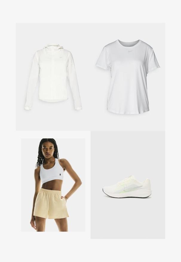 Valge Nike jakker, millel on kapuuts, täispikk tõmblukk, elastsed mansetid ja diskreetne logo rinnal. Sile tekstuur ja kerge disain.; Valge lühikeste varrukatega T-särk, mis on valmistatud siledast kangast, ümarate kaelustega ning mille rinnal on väike hall Nike logo.; Valge spordirinnahoidja ja heledat kollased lühikesed püksid, millel on elastne vöökoht, sile tekstuur ja mugav lõige, millel on küljetaskud.; Nike Performance DOWNSHIFTER 13 - Maanteejooksu jalatsid - sail/silver-coloured photon dust/summit white/barely volt/black