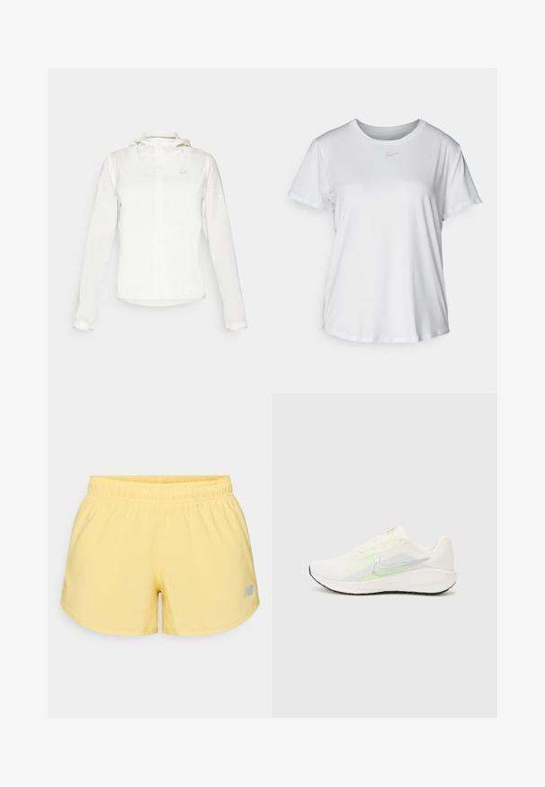 Veste blanche Nike avec capuche, fermeture éclair intégrale, poignets élastiques et un logo discret sur la poitrine. Texture lisse et design léger.; T-shirt blanc à manches courtes en tissu lisse, avec un col rond et un petit logo Nike gris sur la poitrine.; Shorts de sport jaunes avec une taille élastique et un petit logo gris en bas à droite. Tissu lisse, léger et coupe courte.; Nike Performance DOWNSHIFTER 13 - Chaussures de running sur route - sail/silver-coloured photon dust/summit white/barely volt/black