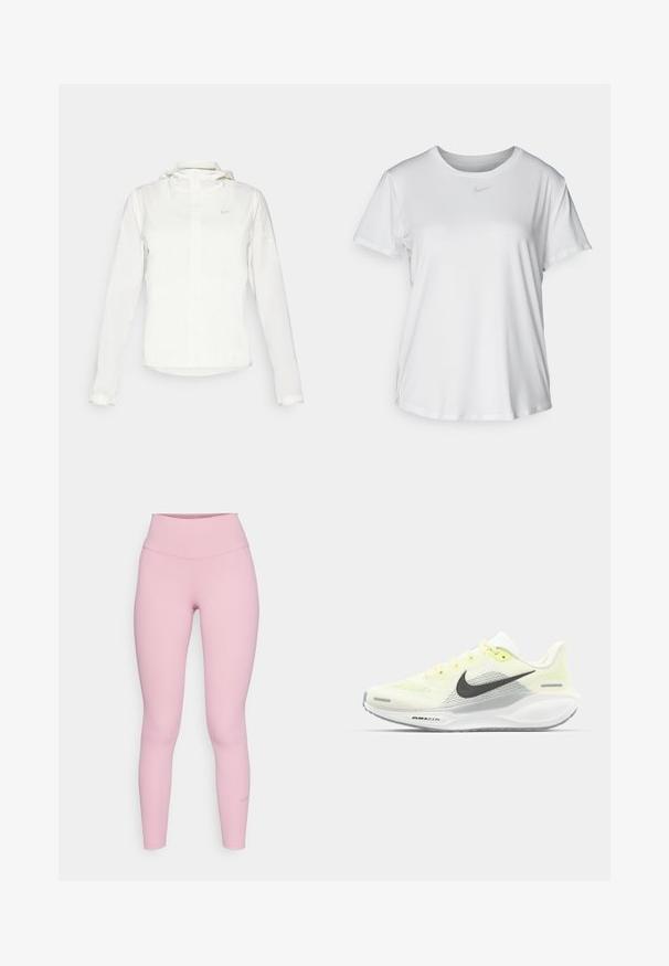 Valkoinen Nike-takki hupulla, täyspitkällä vetoketjulla, joustavilla hihansuilla ja hillityllä logolla rinnassa. Sujuva pinta ja kevyt muotoilu.; Valkoinen lyhythihainen T-paita, joka on valmistettu sileästä kankaasta. Paidoissa on pyöreä kaula-aukko ja rintaan on painettu pieni harmaa Nike-logo.; Vaaleanpunaiset legginssit, joissa on korkea vyötärö ja jotka on valmistettu sileästä, venyvästä materiaalista. Pieni logo yksityiskohta nilkassa. Saumaton muotoilu.; Nike juoksukengät, joissa on vaaleankeltainen ja valkoinen verkko-osa, harmaita yksityiskohtia ja joustava kumipohja. Varusteet nauhakiinnityksellä.