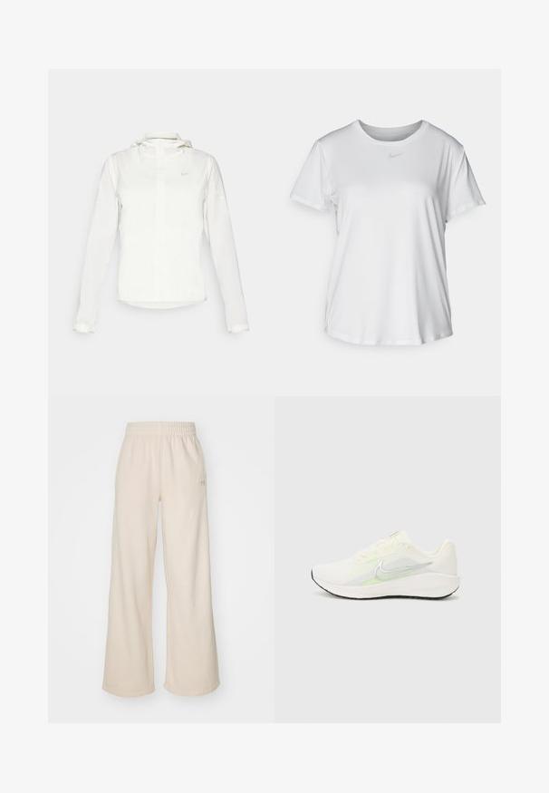 Witte Nike-jack met een capuchon, volledige rits, elastische manchetten en een subtiele logo op de borst. Gladde textuur en lichtgewicht ontwerp.; Witte T-shirt met korte mouwen van gladde stof, met een ronde halslijn en een klein grijs Nike-logo op de borst.; Crème-kleurige wijde broek van zachte stof, met een elastische tailleband en een klein logo detail aan de zijkant.; Nike Performance DOWNSHIFTER 13 - Hardloopschoenen voor op de weg - sail/silver-coloured photon dust/summit white/barely volt/black