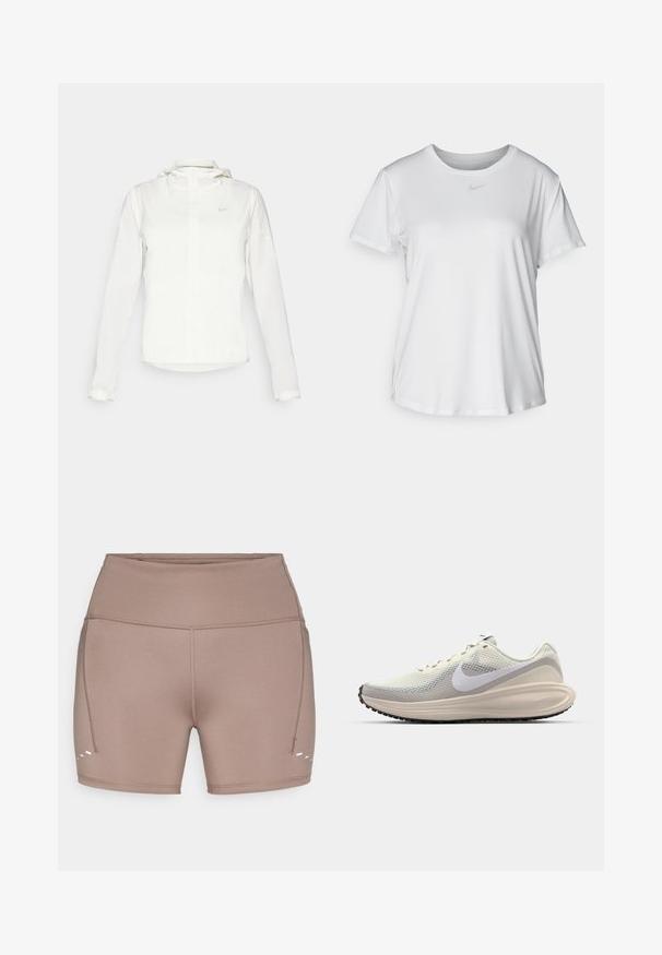 Veste blanche Nike avec capuche, fermeture éclair intégrale, poignets élastiques et un logo discret sur la poitrine. Texture lisse et design léger.; T-shirt blanc à manches courtes en tissu lisse, avec un col rond et un petit logo Nike gris sur la poitrine.; Shorts de sport marron, extensibles, avec une taille haute, des coutures sur les côtés et trois lignes blanches accentuées près de l'ourlet.; Baskets avec une tige en maille gris clair, le logo Swoosh de Nike en blanc, une semelle intermédiaire rembourrée, une forme élancée, et une semelle extérieure en caoutchouc noir avec un motif de traction.