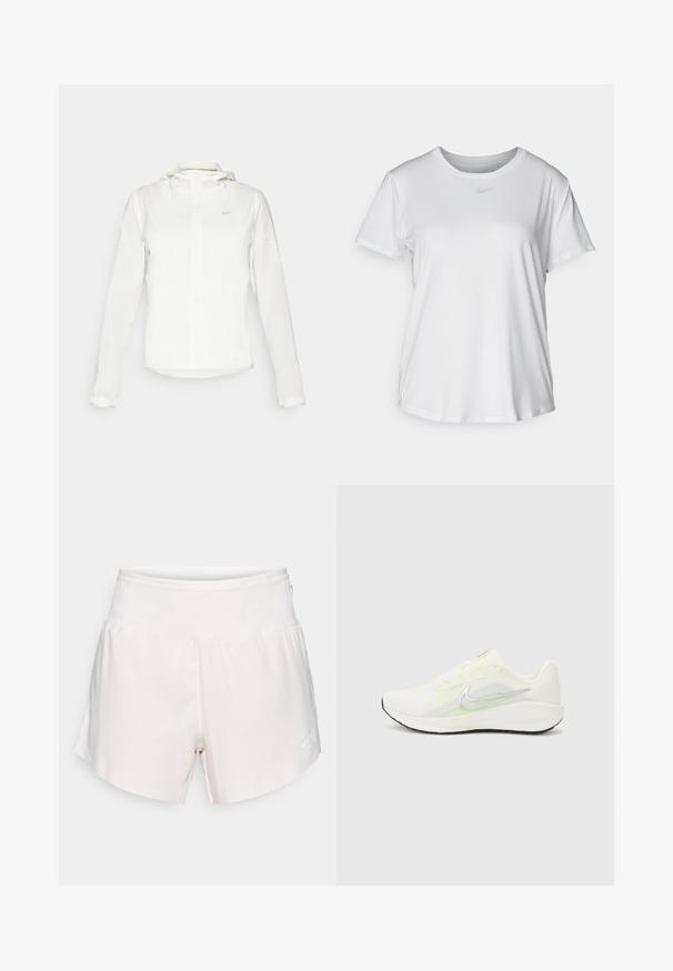 Biela Nike bunda s kapucňou, plným zipsom, elastickými manžetami a jemným logom na hrudi. Hladká textúra a ľahký dizajn.; Biela krátkosrstá tričko s hladkým materiálom, so zaobleným výstrihom a malým šedým logom Nike na hrudi.; Svetlé béžové športové kraťasy s elastickým pásom, zakriveným lemom a malým bielym logom na pravej strane. Hladká textúra látky.; Nike Performance DOWNSHIFTER 13 - Cestná bežecká obuv - sail/silver-coloured photon dust/summit white/barely volt/black