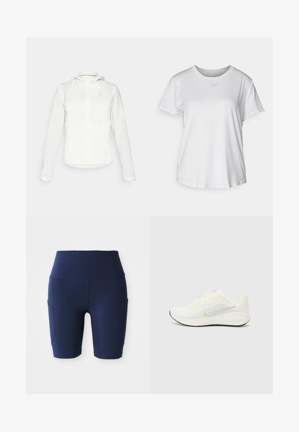 Bela Nike jakna s kapuco, polno zadrgo, elastičnimi manšetami in diskretnim logotipom na prsih. Gladka tekstura in lahko oblikovanje.; Bela kratka majica s kratkimi rokavi, izdelana iz gladkega blaga, z okroglim izrezom in majhnim sivim logotipom Nike na prsih.; Morske modre, hlače za kolesarjenje z visokim pasom, narejene iz raztegljivega, gladkega materiala; vsebujejo stranske žepke in prilegan dizajn.; Nike Performance DOWNSHIFTER 13 - Tekaški copati za cesto - sail/silver-coloured photon dust/summit white/barely volt/black