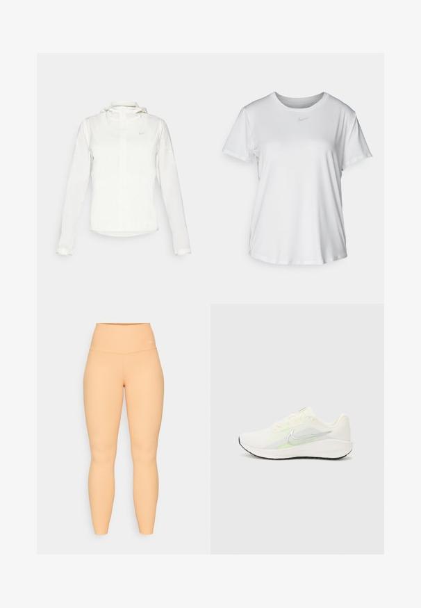 Giacca Nike bianca con cappuccio, zip completa, polsini elasticizzati e un logo discreto sul petto. Texture liscia e design leggero.; T-shirt bianco a maniche corte realizzato in tessuto liscio, con scollatura tonda e un piccolo logo grigio Nike sul petto.; Leggings a vita alta e a costine di colore pesca. Presentano un design aderente e stretch senza hardware o motivi visibili.; Nike Performance DOWNSHIFTER 13 - Scarpe da corsa su strada - sail/silver-coloured photon dust/summit white/barely volt/black