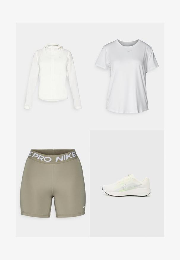 Vit Nike-jacka med huva, hel dragkedja, elastiska ärmslutar och en diskret logotyp på bröstet. Slät textur och lätt design.; Vit T-shirt med kort ärm tillverkad av slätt material, med rund halsringning och en liten grå Nike-logotyp på bröstet.; Olivgröna idrottsshorts med ett tjockt vitt elastiskt midjeband som har "NIKE PRO" på. Slät, elastisk tygkvalitet med sömdetaljer.; Nike Performance DOWNSHIFTER 13 - Väglöparskor - sail/silver-coloured photon dust/summit white/barely volt/black
