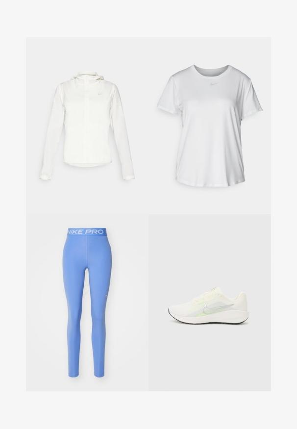 Weiße Nike-Jacke mit Kapuze, durchgehendem Reißverschluss, elastischen Bündchen und einem dezenten Logo auf der Brust. Glatte Textur und leichtes Design.; Weißes T-Shirt mit kurzen Ärmeln aus glattem Stoff, Rundhalsausschnitt und einem kleinen grauen Nike-Logo auf der Brust.; Nike Pro Leggings, einfarbig hellblau, elastischer Bund mit weißem "NIKE PRO"-Text, glatte Textur, figurbetontes Design.; Nike Performance DOWNSHIFTER 13 - Laufschuh Straße - sail/silver-coloured photon dust/summit white/barely volt/black