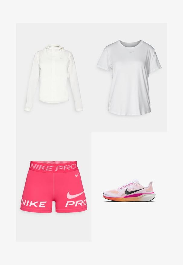 Witte Nike-jack met een capuchon, volledige rits, elastische manchetten en een subtiele logo op de borst. Gladde textuur en lichtgewicht ontwerp.; Witte T-shirt met korte mouwen van gladde stof, met een ronde halslijn en een klein grijs Nike-logo op de borst.; Roze sportshorts met een brede logo-bund aan de taille. Voorzien van gedurfde witte "NIKE" en "PRO" branding aan de voorkant en een gladde, rekbare stof.; Witte hardloopschoen met mesh bovenzijde, roze en oranje accenten, zwarte swoosh-logo, rubberen buitenzool en gevoerde middenzool voor comfort.