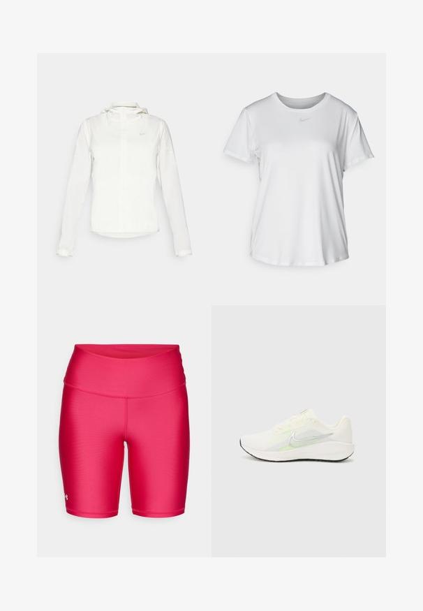 Giacca Nike bianca con cappuccio, zip completa, polsini elasticizzati e un logo discreto sul petto. Texture liscia e design leggero.; T-shirt bianco a maniche corte realizzato in tessuto liscio, con scollatura tonda e un piccolo logo grigio Nike sul petto.; Shorts sportivi rosa realizzati in tessuto liscio e elastico. Vita alta, lunghezza corta e dettaglio di cucitura rinforzata. Il logo del prodotto appare sul lato.; Nike Performance DOWNSHIFTER 13 - Scarpe da corsa su strada - sail/silver-coloured photon dust/summit white/barely volt/black