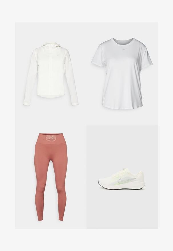 White Nike jacket with a hood, full zip, elastic cuffs, and a subtle logo on the chest. Smooth texture and lightweight design.; White short-sleeve T-shirt made of smooth fabric, featuring a round neckline and a small grey Nike logo on the chest.; Yogasearcher KEISHO - Leggings - cedar; Nike Performance DOWNSHIFTER 13 - Road running shoes - sail/silver-coloured photon dust/summit white/barely volt/black