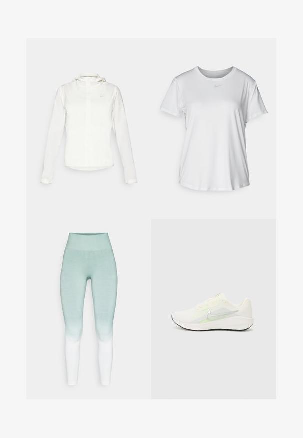 Giacca Nike bianca con cappuccio, zip completa, polsini elasticizzati e un logo discreto sul petto. Texture liscia e design leggero.; T-shirt bianco a maniche corte realizzato in tessuto liscio, con scollatura tonda e un piccolo logo grigio Nike sul petto.; Yogasearcher RAISI - Leggings - lichen; Nike Performance DOWNSHIFTER 13 - Scarpe da corsa su strada - sail/silver-coloured photon dust/summit white/barely volt/black