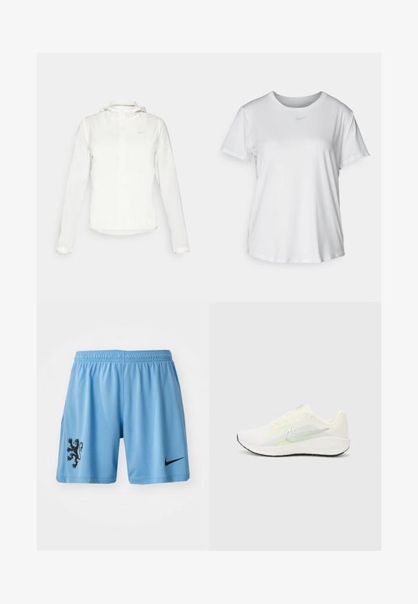 Witte Nike-jack met een capuchon, volledige rits, elastische manchetten en een subtiele logo op de borst. Gladde textuur en lichtgewicht ontwerp.; Witte T-shirt met korte mouwen van gladde stof, met een ronde halslijn en een klein grijs Nike-logo op de borst.; Lichtblauwe sportshorts van ademend materiaal, met een zwart leeuwembleem op het linkerbeen en een zwart Nike-logo op de rechterkant.; Nike Performance DOWNSHIFTER 13 - Hardloopschoenen voor op de weg - sail/silver-coloured photon dust/summit white/barely volt/black