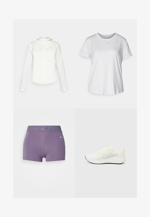 Bela Nike jakna s kapuco, polno zadrgo, elastičnimi manšetami in diskretnim logotipom na prsih. Gladka tekstura in lahko oblikovanje.; Bela kratka majica s kratkimi rokavi, izdelana iz gladkega blaga, z okroglim izrezom in majhnim sivim logotipom Nike na prsih.; Purpurne športne kratke hlače z oprijetim krojem, ki imajo širok elastičen pas z blagovno znamko "NIKE PRO" in gladko, raztegljivo tkanino.; Nike Performance DOWNSHIFTER 13 - Tekaški copati za cesto - sail/silver-coloured photon dust/summit white/barely volt/black