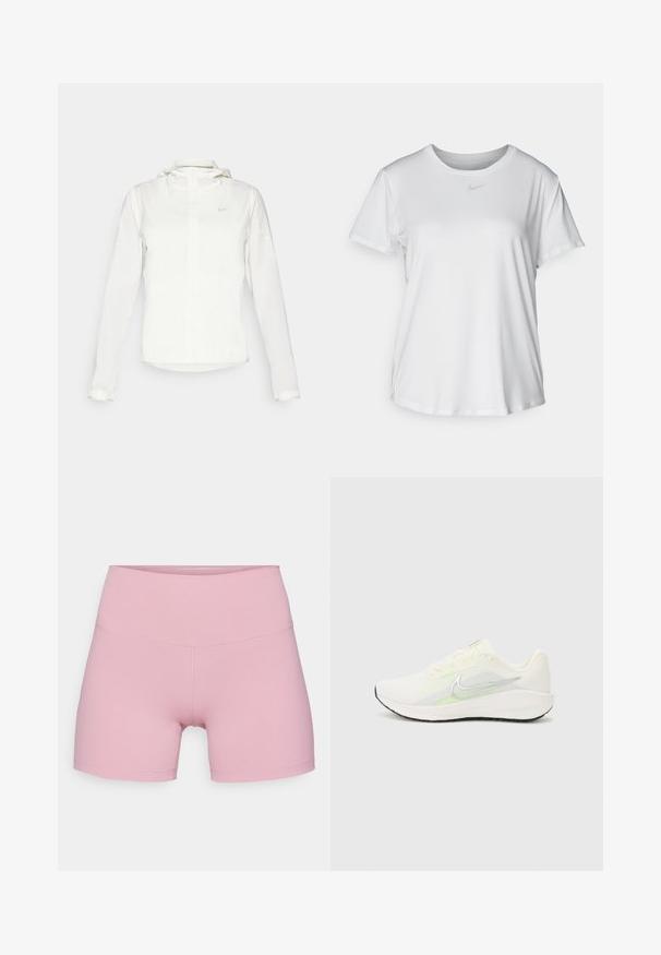 Giacca Nike bianca con cappuccio, zip completa, polsini elasticizzati e un logo discreto sul petto. Texture liscia e design leggero.; T-shirt bianco a maniche corte realizzato in tessuto liscio, con scollatura tonda e un piccolo logo grigio Nike sul petto.; Nike Performance ONE SHORT - Leggings - elemental pink/black; Nike Performance DOWNSHIFTER 13 - Scarpe da corsa su strada - sail/silver-coloured photon dust/summit white/barely volt/black