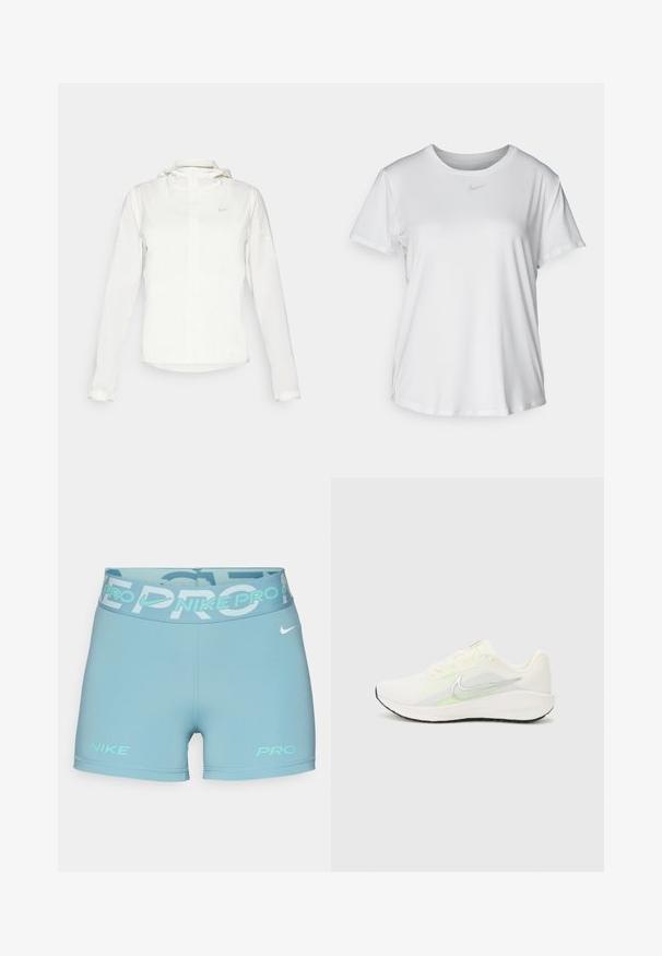 Vit Nike-jacka med huva, hel dragkedja, elastiska ärmslutar och en diskret logotyp på bröstet. Slät textur och lätt design.; Vit T-shirt med kort ärm tillverkad av slätt material, med rund halsringning och en liten grå Nike-logotyp på bröstet.; Nike Performance SHORT - Tights - denim turquoise/glacier blue/green frost/white; Nike Performance DOWNSHIFTER 13 - Väglöparskor - sail/silver-coloured photon dust/summit white/barely volt/black
