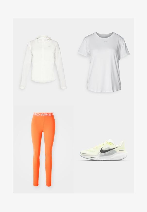 Valkoinen Nike-takki hupulla, täyspitkällä vetoketjulla, joustavilla hihansuilla ja hillityllä logolla rinnassa. Sujuva pinta ja kevyt muotoilu.; Valkoinen lyhythihainen T-paita, joka on valmistettu sileästä kankaasta. Paidoissa on pyöreä kaula-aukko ja rintaan on painettu pieni harmaa Nike-logo.; Oranssi urheilu leggingsit, joissa on tiukka muotoilu ja jotka on valmistettu joustavasta materiaalista. Varustettu valkoisella merkkivaatteella ja pienellä logolla sivussa.; Nike juoksukengät, joissa on vaaleankeltainen ja valkoinen verkko-osa, harmaita yksityiskohtia ja joustava kumipohja. Varusteet nauhakiinnityksellä.