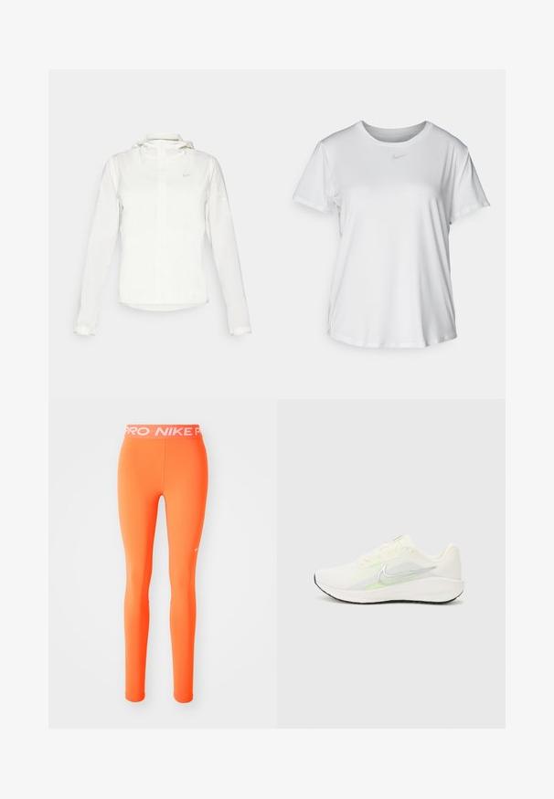 Valkoinen Nike-takki hupulla, täyspitkällä vetoketjulla, joustavilla hihansuilla ja hillityllä logolla rinnassa. Sujuva pinta ja kevyt muotoilu.; Valkoinen lyhythihainen T-paita, joka on valmistettu sileästä kankaasta. Paidoissa on pyöreä kaula-aukko ja rintaan on painettu pieni harmaa Nike-logo.; Oranssi urheilu leggingsit, joissa on tiukka muotoilu ja jotka on valmistettu joustavasta materiaalista. Varustettu valkoisella merkkivaatteella ja pienellä logolla sivussa.; Nike Performance DOWNSHIFTER 13 - Katujuoksukengät - sail/silver-coloured photon dust/summit white/barely volt/black