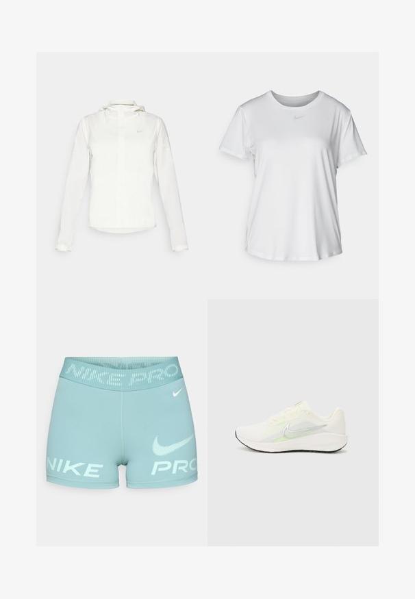 Giacca Nike bianca con cappuccio, zip completa, polsini elasticizzati e un logo discreto sul petto. Texture liscia e design leggero.; T-shirt bianco a maniche corte realizzato in tessuto liscio, con scollatura tonda e un piccolo logo grigio Nike sul petto.; Corti da donna azzurro chiaro realizzati in tessuto elasticizzato, con una vita larga che presenta il testo e il logo "NIKE PRO" in bianco.; Nike Performance DOWNSHIFTER 13 - Scarpe da corsa su strada - sail/silver-coloured photon dust/summit white/barely volt/black