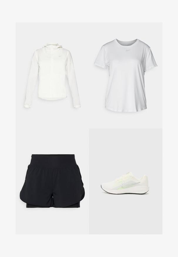 Witte Nike-jack met een capuchon, volledige rits, elastische manchetten en een subtiele logo op de borst. Gladde textuur en lichtgewicht ontwerp.; Witte T-shirt met korte mouwen van gladde stof, met een ronde halslijn en een klein grijs Nike-logo op de borst.; Zwarte sportshorts met een gelaagd ontwerp, brede tailleband en binnenvoering. Gemaakt van soepel, rekbaar materiaal.; Nike Performance DOWNSHIFTER 13 - Hardloopschoenen voor op de weg - sail/silver-coloured photon dust/summit white/barely volt/black