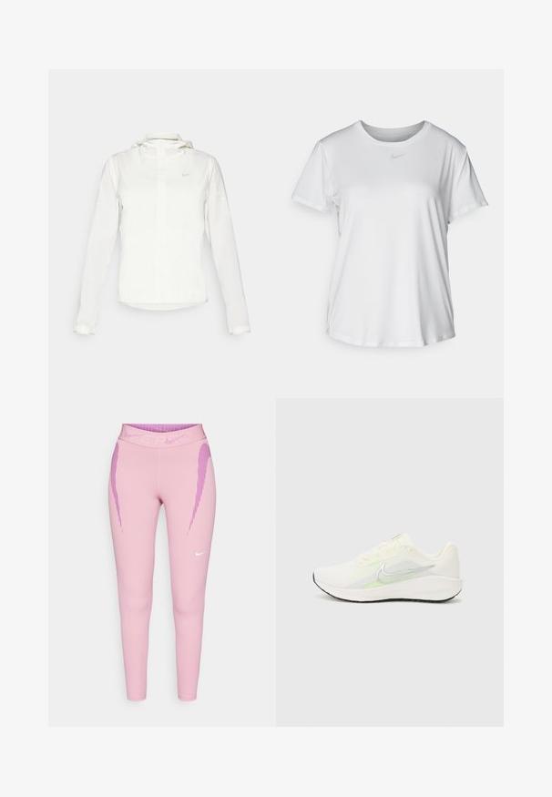 Bílá bunda Nike s kapucí, plným zipem, elastickými manžetami a decentním logem na hrudi. Hladká textura a lehký design.; Bílý krátký rukáv tričko z hladké tkaniny, s kulatým výstřihem a malým šedým logem Nike na hrudi.; Růžové sportovní legíny s přiléhavým střihem, které mají strukturovaný pás a fialové vertikální pruhy po stranách. Přítomno malé bílé logo.; Nike Performance DOWNSHIFTER 13 - Silniční běžecké boty - sail/silver-coloured photon dust/summit white/barely volt/black