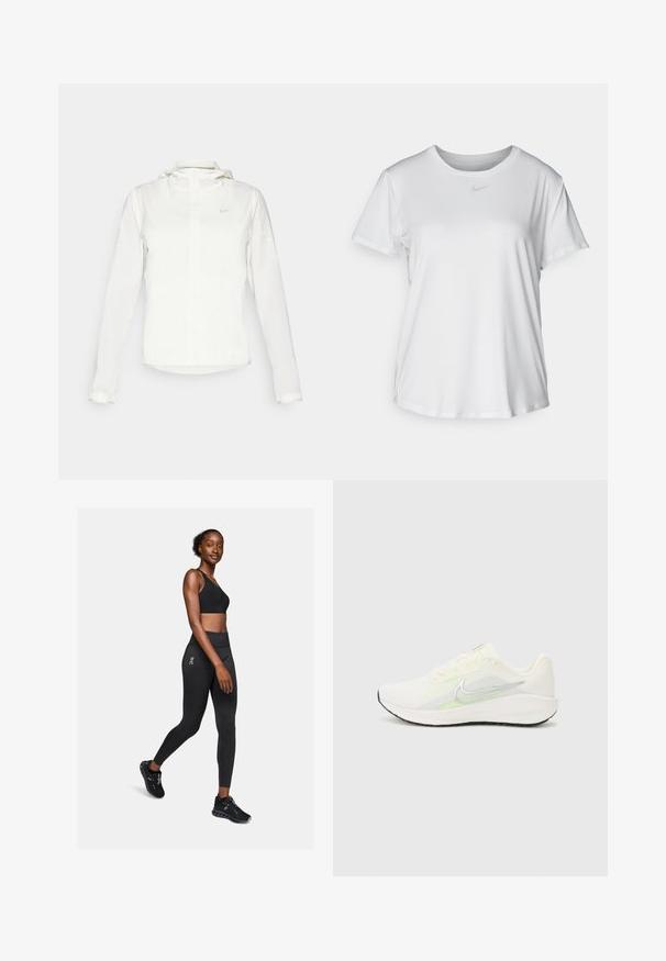 Biela Nike bunda s kapucňou, plným zipsom, elastickými manžetami a jemným logom na hrudi. Hladká textúra a ľahký dizajn.; Biela krátkosrstá tričko s hladkým materiálom, so zaobleným výstrihom a malým šedým logom Nike na hrudi.; Čierny športový podprsenka a legíny vyrobené z elastického materiálu, s vysokým pásom a detailom loga, doplnené čiernymi športovými topánkami.; Nike Performance DOWNSHIFTER 13 - Cestná bežecká obuv - sail/silver-coloured photon dust/summit white/barely volt/black