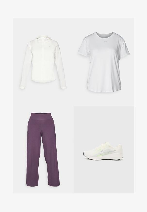 White Nike jacket with a hood, full zip, elastic cuffs, and a subtle logo on the chest. Smooth texture and lightweight design.; White short-sleeve T-shirt made of smooth fabric, featuring a round neckline and a small grey Nike logo on the chest.; Yogasearcher RAVANA FLOWY PANTS - Tracksuit bottoms - topaze; Nike Performance DOWNSHIFTER 13 - Road running shoes - sail/silver-coloured photon dust/summit white/barely volt/black